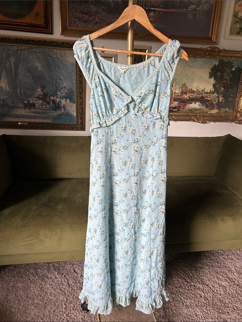 Cottagecore Max Studio Light Blue Floral Ruffle Maxi Dress